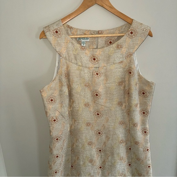 Austin Reed Womens Tan Sleeveless Embroidered Orange Flowers Dress 14 - Picture 2 of 11